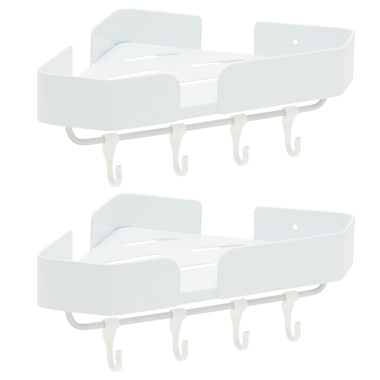 Bathroom Corner Shelves with Hooks, Wall Mounted Shower Caddy Shelf (White,  2 Sets)